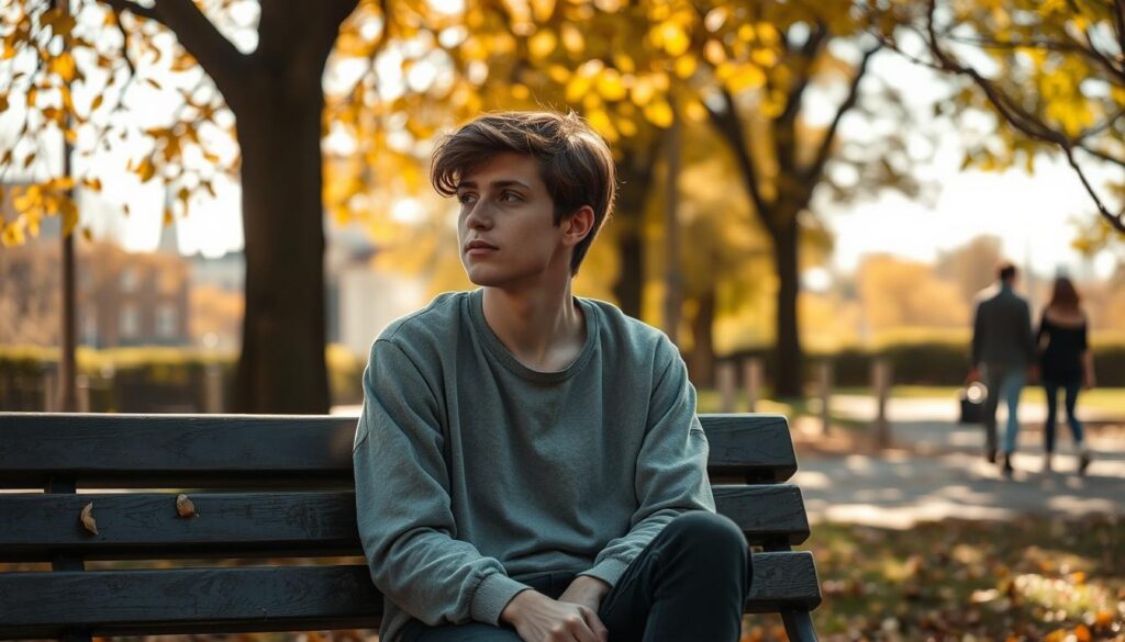 A contemplative young adult, seated on a park bench, gazing thoughtfully into the distance, with a look of introspection and emotional weight. They are dressed in modest casual clothing, suggesting vulnerability and reflection after a breakup. Surrounding them, a serene park setting with autumn leaves falling gently from trees, signifying change and emotional turmoil. The sunlight filters softly through the branches, creating dappled patterns on the ground, enhancing the mood of solitude and reflection. In the background, a blurred silhouette of a couple walking by, representing connection and contrast, while the overall atmosphere is one of quiet contemplation and emotional blockage. The composition should be shot with a shallow depth of field to focus on the individual while softly blurring the background, evoking a sense of isolation and introspection. A contemplative young adult, seated on a park bench, gazing thoughtfully into the distance, with a look of introspection and emotional weight. They are dressed in modest casual clothing, suggesting vulnerability and reflection after a breakup. Surrounding them, a serene park setting with autumn leaves falling gently from trees, signifying change and emotional turmoil. The sunlight filters softly through the branches, creating dappled patterns on the ground, enhancing the mood of solitude and reflection. In the background, a blurred silhouette of a couple walking by, representing connection and contrast, while the overall atmosphere is one of quiet contemplation and emotional blockage. The composition should be shot with a shallow depth of field to focus on the individual while softly blurring the background, evoking a sense of isolation and introspection.