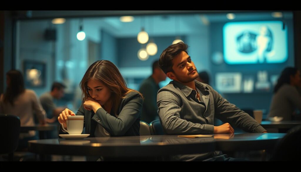 A couple sits at a dimly-lit café table, their expressions marked by concern and distance, symbolizing the signs of an impending relationship crisis. In the foreground, a woman in professional attire gazes thoughtfully at her coffee, her body language tense and introspective. The man across from her, dressed casually yet neatly, looks away, lost in thought, representing emotional detachment. The middle ground features a blurred view of the café, with soft lighting that casts gentle shadows, enhancing the somber mood. Soft focus on the couple contrasts with the vibrant ambiance of the café, surrounding them with a sense of isolation. The background includes softly focused patrons, emphasizing the couple's disconnection amidst the lively environment. The overall atmosphere conveys urgency and introspection, inviting viewers to reflect on the subtle signs of a relationship unraveling. A couple sits at a dimly-lit café table, their expressions marked by concern and distance, symbolizing the signs of an impending relationship crisis. In the foreground, a woman in professional attire gazes thoughtfully at her coffee, her body language tense and introspective. The man across from her, dressed casually yet neatly, looks away, lost in thought, representing emotional detachment. The middle ground features a blurred view of the café, with soft lighting that casts gentle shadows, enhancing the somber mood. Soft focus on the couple contrasts with the vibrant ambiance of the café, surrounding them with a sense of isolation. The background includes softly focused patrons, emphasizing the couple's disconnection amidst the lively environment. The overall atmosphere conveys urgency and introspection, inviting viewers to reflect on the subtle signs of a relationship unraveling.