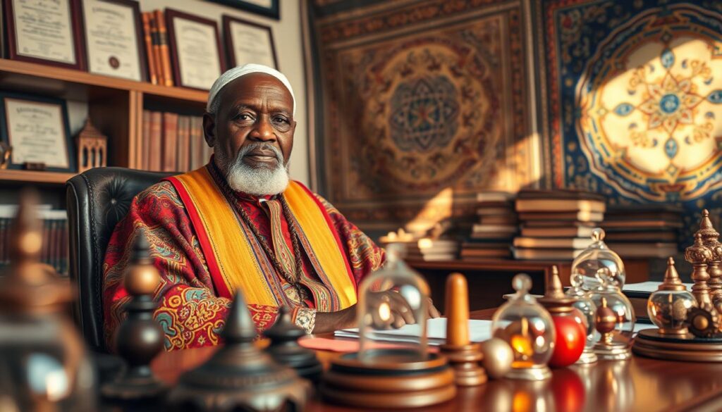 A dignified African marabout, an elderly man with a wise demeanor, dressed in traditional robes featuring rich, vibrant colors, seated confidently at a wooden desk adorned with spiritual artifacts. In the foreground, an array of wooden and glass talismans reflects soft, warm lighting, creating a serene atmosphere. The middle ground shows shelves filled with ancient books and framed certificates proclaiming wisdom. The background features a faint outline of an ornate tapestry with mystical designs. The scene is illuminated by natural light streaming through a window, casting gentle shadows, enhancing the tranquil mood. The angle captures the marabout’s focused gaze, suggesting depth and authority, evoking respect for his transformative abilities in spiritual guidance and life changes. A dignified African marabout, an elderly man with a wise demeanor, dressed in traditional robes featuring rich, vibrant colors, seated confidently at a wooden desk adorned with spiritual artifacts. In the foreground, an array of wooden and glass talismans reflects soft, warm lighting, creating a serene atmosphere. The middle ground shows shelves filled with ancient books and framed certificates proclaiming wisdom. The background features a faint outline of an ornate tapestry with mystical designs. The scene is illuminated by natural light streaming through a window, casting gentle shadows, enhancing the tranquil mood. The angle captures the marabout’s focused gaze, suggesting depth and authority, evoking respect for his transformative abilities in spiritual guidance and life changes.