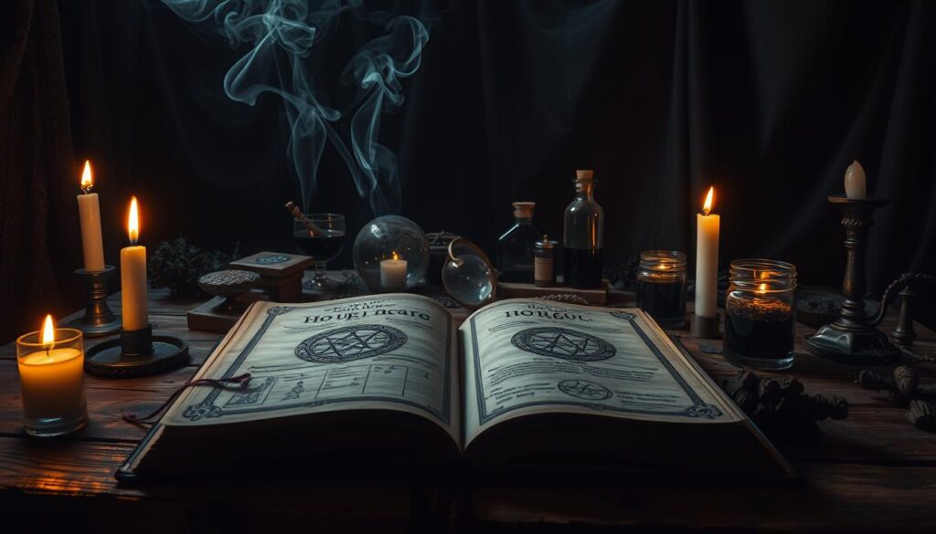 A dimly lit room, filled with an air of mystery and intrigue. In the foreground, a large, ancient tome lies open, displaying intricate symbols and diagrams associated with black magic. Glowing candles emit flickering shadows, casting an eerie light over the scene. Wisps of smoke curl upwards, hinting at unseen forces at work. In the middle ground, various ritualistic objects—glass vials filled with dark liquids, a crystal ball, and herbs—are carefully arranged on a wooden table, hinting at a practitioner of dark arts. In the background, dark, draped fabric creates a sense of depth and an ominous atmosphere. The overall mood is suspenseful and haunting, inviting the viewer to explore the hidden signs of enchantment in everyday life. A dimly lit room, filled with an air of mystery and intrigue. In the foreground, a large, ancient tome lies open, displaying intricate symbols and diagrams associated with black magic. Glowing candles emit flickering shadows, casting an eerie light over the scene. Wisps of smoke curl upwards, hinting at unseen forces at work. In the middle ground, various ritualistic objects—glass vials filled with dark liquids, a crystal ball, and herbs—are carefully arranged on a wooden table, hinting at a practitioner of dark arts. In the background, dark, draped fabric creates a sense of depth and an ominous atmosphere. The overall mood is suspenseful and haunting, inviting the viewer to explore the hidden signs of enchantment in everyday life.