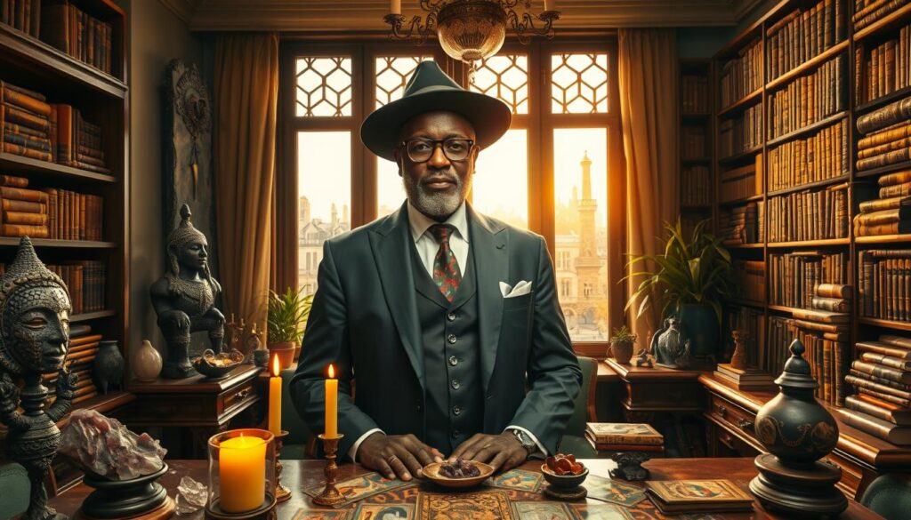A distinguished African marabout, Maître Luc, stands confidently in his welcoming Parisian office, surrounded by enchanting tribal artifacts and mystical crystals. He is dressed in a tailored suit, exuding professionalism and wisdom. The foreground features a beautifully arranged table with candles and tarot cards, emphasizing the spiritual atmosphere. In the middle, a large window reveals a view of iconic Parisian architecture, bathed in soft golden sunlight that filters in, creating a warm and inviting ambiance. The background is filled with shelves of ancient books, symbolizing knowledge and tradition. The image conveys a mood of serenity and trustworthiness, highlighting Maître Luc's role as a serious spiritual guide in Paris for 2026. A distinguished African marabout, Maître Luc, stands confidently in his welcoming Parisian office, surrounded by enchanting tribal artifacts and mystical crystals. He is dressed in a tailored suit, exuding professionalism and wisdom. The foreground features a beautifully arranged table with candles and tarot cards, emphasizing the spiritual atmosphere. In the middle, a large window reveals a view of iconic Parisian architecture, bathed in soft golden sunlight that filters in, creating a warm and inviting ambiance. The background is filled with shelves of ancient books, symbolizing knowledge and tradition. The image conveys a mood of serenity and trustworthiness, highlighting Maître Luc's role as a serious spiritual guide in Paris for 2026.