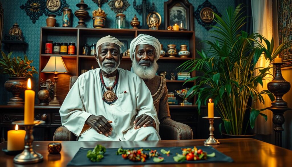 A grand marabout seated in a beautifully decorated consulting room, adorned with traditional African artifacts and spiritual symbols. In the foreground, the marabout, an elderly man with a wise expression, wears a flowing white boubou and intricate pendant jewelry. His hands, gently resting on a wooden table, are surrounded by candles and vibrant herbs. In the middle ground, elegant shelves filled with colorful jars and religious items depict his deep spiritual practices. The background features lush plants and soft, ambient lighting that casts a warm glow, creating an inviting atmosphere of wisdom and tranquility. The scene conveys a sense of spirituality, luck, and prosperity, reflecting the essence of success in business through traditional beliefs.
