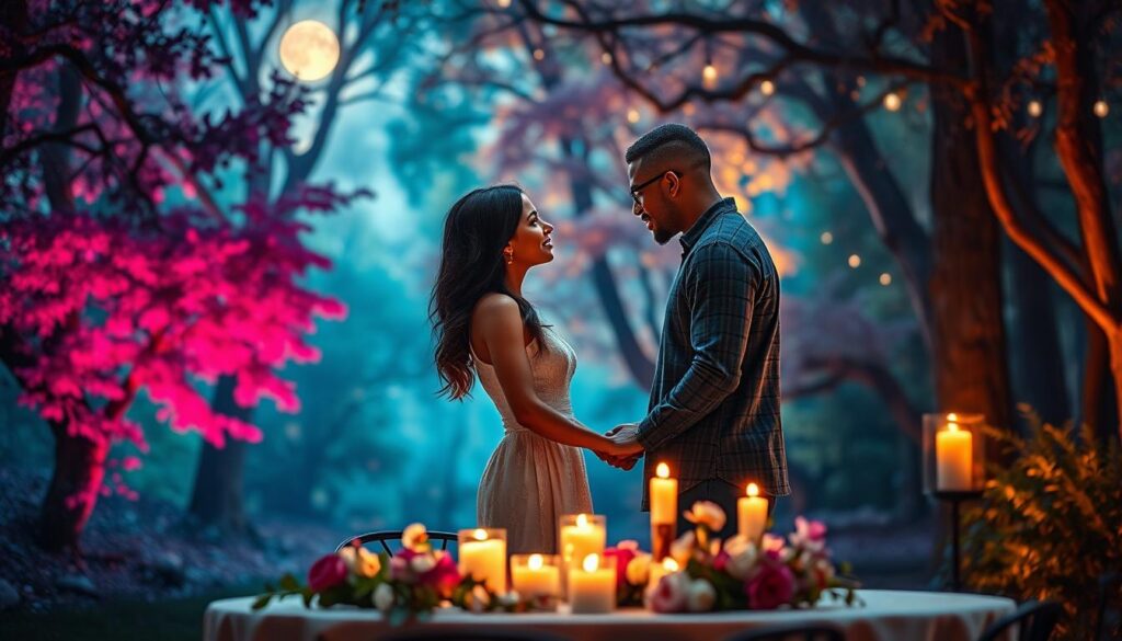 A mesmerizing scene depicting the concept of powerful love enchantment. In the foreground, a diverse couple stands close together, their hands intertwined, gazing into each other’s eyes with deep affection. Their expressions convey a sense of connection and serenity. In the middle ground, a softly lit table is adorned with flickering candles and fragrant flowers, suggesting a romantic atmosphere. The background features an enchanted forest, with vibrant, ethereal colors that evoke a sense of magic and mystery. Gentle beams of moonlight filter through the trees, creating a dreamlike ambiance. Shot with a slight depth of field to enhance the focus on the couple, the image should evoke feelings of warmth and intimacy, reflecting the essence of strong emotional bonds in romance. A mesmerizing scene depicting the concept of powerful love enchantment. In the foreground, a diverse couple stands close together, their hands intertwined, gazing into each other’s eyes with deep affection. Their expressions convey a sense of connection and serenity. In the middle ground, a softly lit table is adorned with flickering candles and fragrant flowers, suggesting a romantic atmosphere. The background features an enchanted forest, with vibrant, ethereal colors that evoke a sense of magic and mystery. Gentle beams of moonlight filter through the trees, creating a dreamlike ambiance. Shot with a slight depth of field to enhance the focus on the couple, the image should evoke feelings of warmth and intimacy, reflecting the essence of strong emotional bonds in romance.