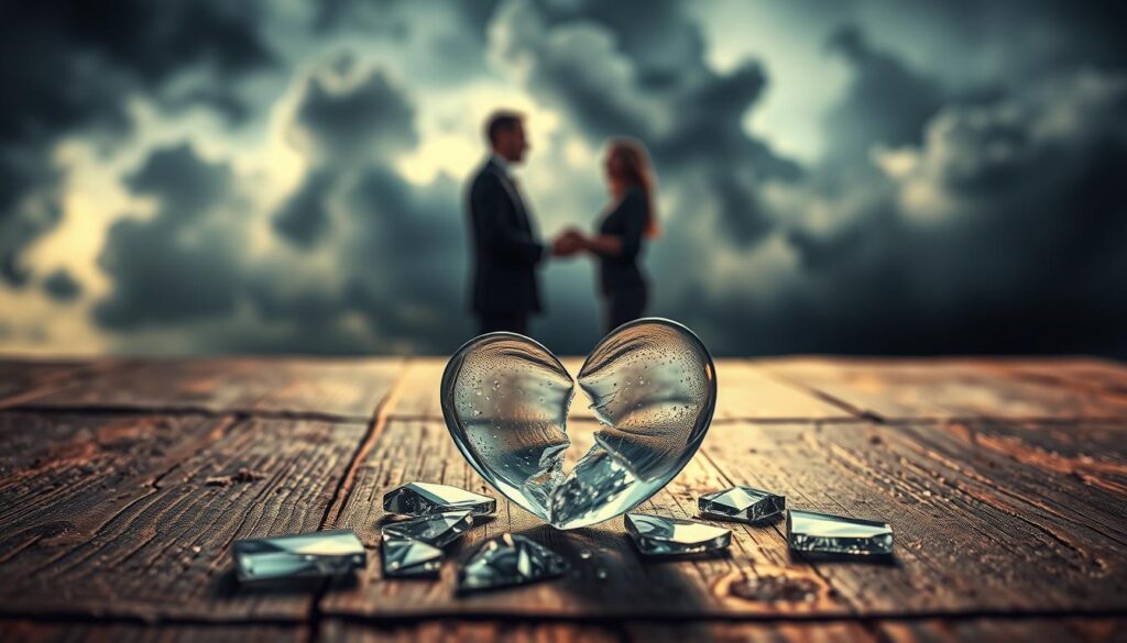 A metaphorical representation of a "cause rupture" theme. In the foreground, a shattered glass heart lies on a rough wooden table, symbolizing broken relationships. The heart pieces glisten under soft, warm lighting, casting gentle shadows. In the middle ground, blurred reflections of a couple in a tense conversation can be seen to illustrate conflict, dressed in professional attire. The background features an abstract representation of a darkened, chaotic storm, with swirling clouds and flashes of light, evoking feelings of turmoil and emotional turbulence. The overall mood is somber yet introspective, focusing on the complexities of love and separation. The scene is captured with a shallow depth of field, drawing attention to the heart while hinting at the emotional weight of the surroundings. A metaphorical representation of a "cause rupture" theme. In the foreground, a shattered glass heart lies on a rough wooden table, symbolizing broken relationships. The heart pieces glisten under soft, warm lighting, casting gentle shadows. In the middle ground, blurred reflections of a couple in a tense conversation can be seen to illustrate conflict, dressed in professional attire. The background features an abstract representation of a darkened, chaotic storm, with swirling clouds and flashes of light, evoking feelings of turmoil and emotional turbulence. The overall mood is somber yet introspective, focusing on the complexities of love and separation. The scene is captured with a shallow depth of field, drawing attention to the heart while hinting at the emotional weight of the surroundings.