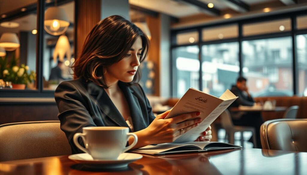 A modern, intimate café setting depicting a thoughtful woman analyzing a menu, symbolizing the concept of a "nouvelle relation." She is dressed in elegant, modest business attire, showcasing professionalism and confidence. In the foreground, a steaming cup of coffee sits on the table, conveying warmth and introspection. The middle ground features subtle hints of another couple in the background engaged in a light conversation, representing the new relationship experience. The café environment is softly lit with warm ambient lighting, creating an inviting atmosphere. Use a shallow depth of field to focus on the woman while softly blurring the background, enhancing a reflective mood. Capture the scene from a slightly elevated angle for an artistic perspective. A modern, intimate café setting depicting a thoughtful woman analyzing a menu, symbolizing the concept of a "nouvelle relation." She is dressed in elegant, modest business attire, showcasing professionalism and confidence. In the foreground, a steaming cup of coffee sits on the table, conveying warmth and introspection. The middle ground features subtle hints of another couple in the background engaged in a light conversation, representing the new relationship experience. The café environment is softly lit with warm ambient lighting, creating an inviting atmosphere. Use a shallow depth of field to focus on the woman while softly blurring the background, enhancing a reflective mood. Capture the scene from a slightly elevated angle for an artistic perspective.