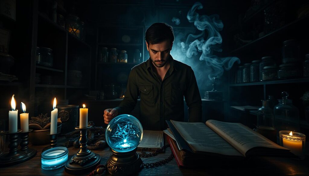 A mysterious scene depicting a dark, atmospheric room filled with various magical artifacts and symbols related to black magic. In the foreground, a table cluttered with mystical objects: candles flickering with a bluish flame, a crystal ball glowing softly, and an open ancient book with arcane writings. In the middle, a shadowy figure in modest casual clothing examines the artifacts, their facial expression a mix of concern and intrigue. The background reveals dimly lit shelves stacked with jars containing strange ingredients, wisps of smoke curling in the air. The overall lighting is low and moody, casting eerie shadows, evoking a sense of suspense and the unknown. The angle is slightly above eye-level to capture the intimacy and intensity of the scene. A mysterious scene depicting a dark, atmospheric room filled with various magical artifacts and symbols related to black magic. In the foreground, a table cluttered with mystical objects: candles flickering with a bluish flame, a crystal ball glowing softly, and an open ancient book with arcane writings. In the middle, a shadowy figure in modest casual clothing examines the artifacts, their facial expression a mix of concern and intrigue. The background reveals dimly lit shelves stacked with jars containing strange ingredients, wisps of smoke curling in the air. The overall lighting is low and moody, casting eerie shadows, evoking a sense of suspense and the unknown. The angle is slightly above eye-level to capture the intimacy and intensity of the scene.