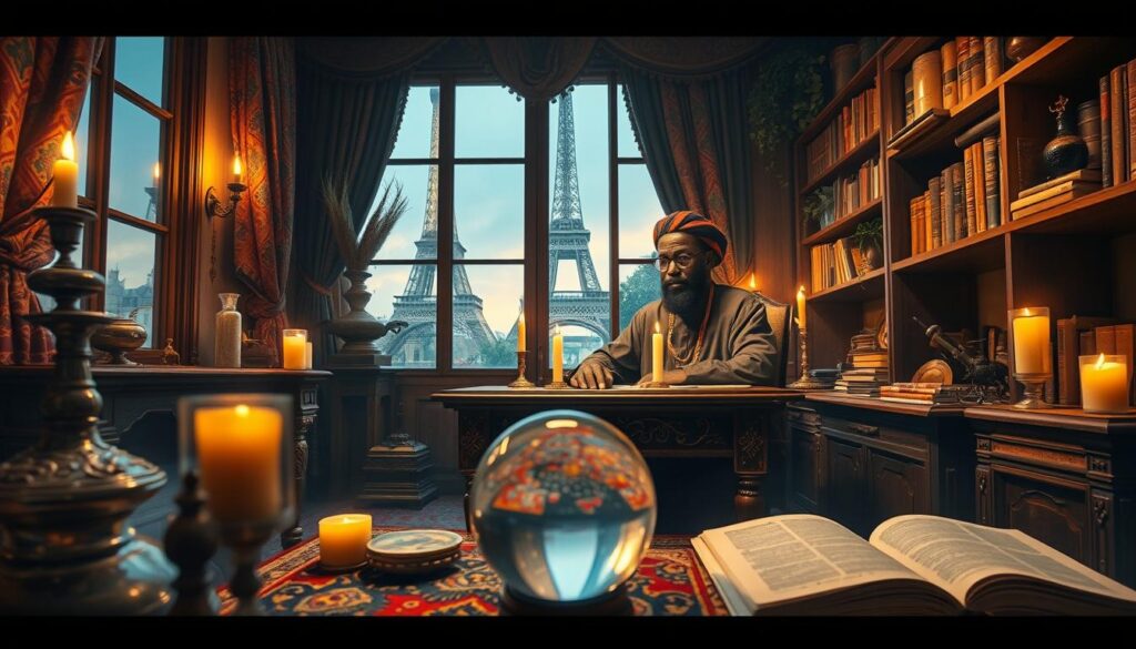 A mystical Parisian street scene depicting a marabout, a spiritual advisor, in a cozy, inviting office filled with rich, colorful fabrics and traditional African artifacts. The marabout, an African male dressed in professional traditional attire, is seated at an ornate wooden table, surrounded by candles and mystical symbols. In the foreground, a crystal ball catches the light, casting reflections. The middle ground features shelves lined with ancient books and herbs, evoking a sense of deep knowledge and spirituality. In the background, large windows show a faint view of the Eiffel Tower, partially obscured by soft, ambient lighting that creates an intimate atmosphere. The scene exudes warmth, wisdom, and a sense of revered tradition, inviting the viewer into the world of spiritual expertise. A mystical Parisian street scene depicting a marabout, a spiritual advisor, in a cozy, inviting office filled with rich, colorful fabrics and traditional African artifacts. The marabout, an African male dressed in professional traditional attire, is seated at an ornate wooden table, surrounded by candles and mystical symbols. In the foreground, a crystal ball catches the light, casting reflections. The middle ground features shelves lined with ancient books and herbs, evoking a sense of deep knowledge and spirituality. In the background, large windows show a faint view of the Eiffel Tower, partially obscured by soft, ambient lighting that creates an intimate atmosphere. The scene exudes warmth, wisdom, and a sense of revered tradition, inviting the viewer into the world of spiritual expertise.