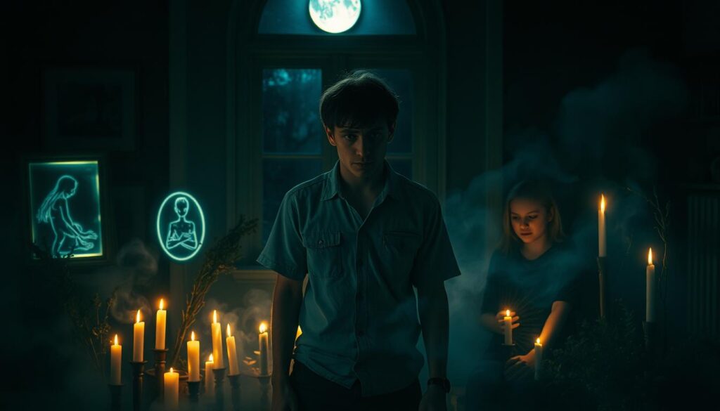 A mystical and atmospheric scene depicting the urgent signs of needing a spiritual cleansing. In the foreground, a concerned individual, dressed in modest casual clothing, gazes intently at various ethereal symbols glowing softly around them, representing spiritual discontent—such as shadows, broken mirrors, and wilting plants. In the middle ground, a dimly lit room filled with flickering candles and herbs, creating an ambiance of urgency and ritual. The background features a darkened window, allowing a sliver of moonlight to cast intriguing shadows, enhancing the sense of mystery. Soft rays of light from the candles create a warm glow, contrasting with the surrounding darkness, while hints of mist swirl around the floor, suggesting an otherworldly presence. The overall mood is tense yet hopeful, urging awareness of the signals indicating a need for immediate attention.
