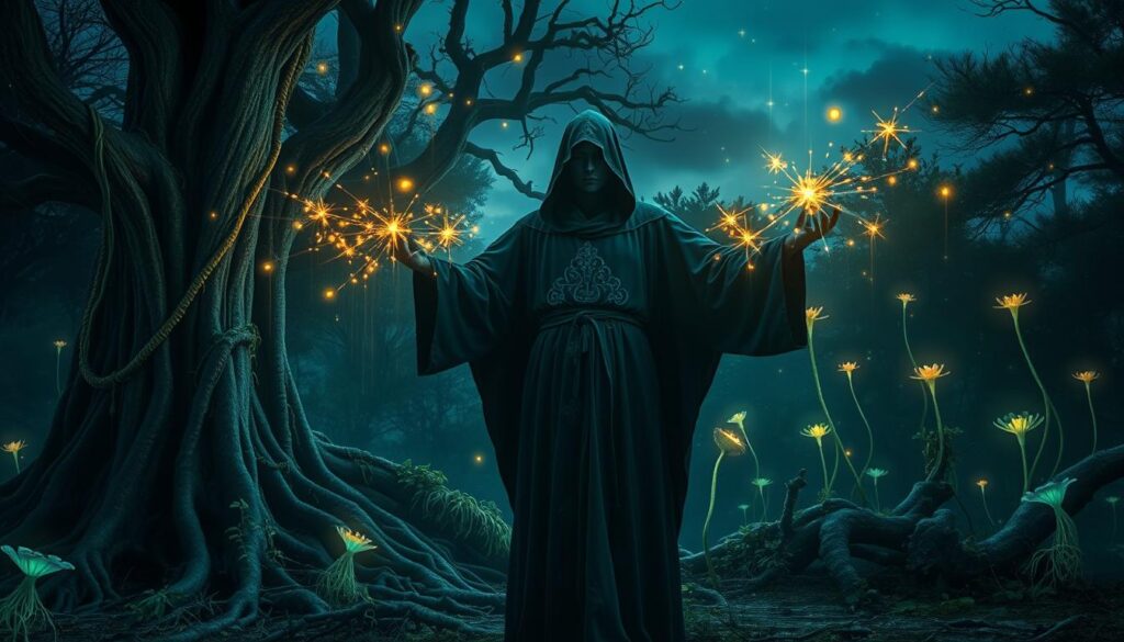 A mystical forest at twilight serves as the setting, where the air shimmers with an otherworldly glow. In the foreground, an enigmatic figure, clad in flowing, dark robes adorned with subtle patterns, stands with outstretched arms, channeling energy into the surroundings. Their face is partially obscured by a hood, conveying a sense of secrecy and power. Ethereal lights flicker like fireflies, swirling around them to represent enchantment. The middle ground features ancient trees with gnarled roots, intertwined with vibrant vines, while unusual, luminescent plants add an eerie yet captivating ambiance. The background captures a darkening sky, with hints of deep indigo and scattered stars. Soft, diffused lighting illuminates the scene, creating a haunting yet serene mood, inviting viewers to ponder the nature of enchantment.