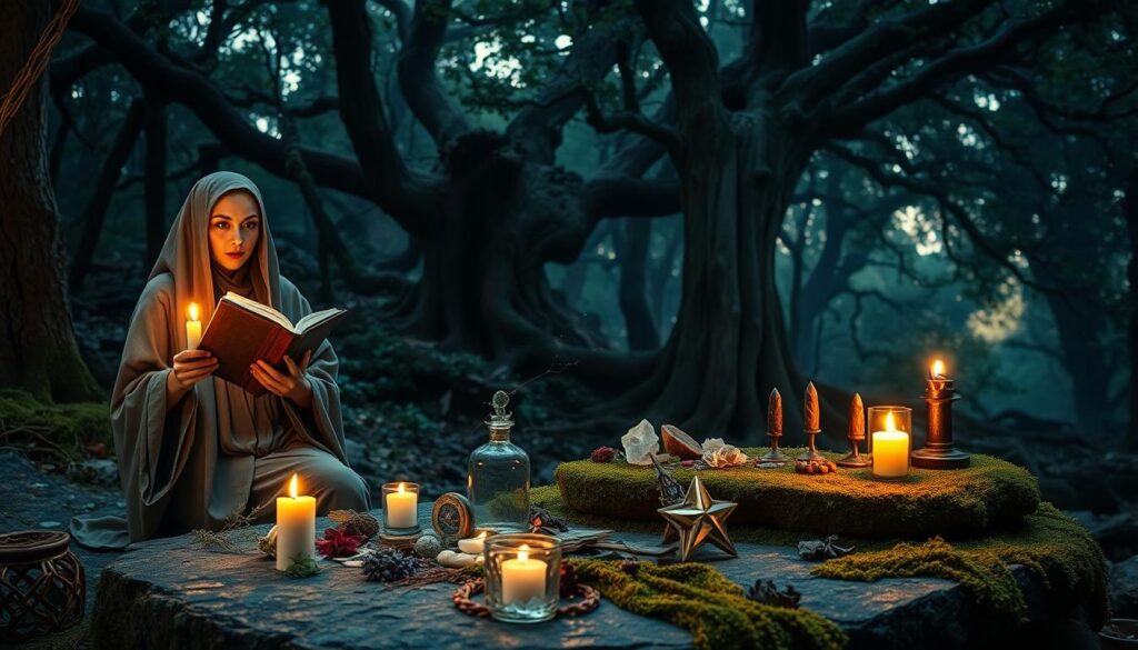 A mystical forest scene symbolizing the origins of witchcraft, with an ethereal atmosphere. In the foreground, a wise woman clad in modest, flowing robes holds an ancient book, surrounded by flickering candlelight. Her expression is thoughtful and introspective, embodying the essence of knowledge and power. In the middle ground, various herbs, crystals, and mystical symbols scatter across a stone altar covered with moss and nestled among ancient trees. In the background, the soft glow of twilight filters through the dense canopy, casting long shadows and creating a sense of magic and mystery. The lighting is dim yet enchanting, evoking an intimate and contemplative mood. The angle is slightly tilted, drawing the viewer into this enchanting world of ancient wisdom and spellcasting.