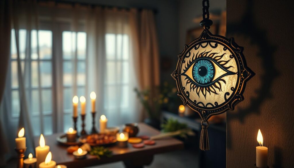 A mystical representation of the "mauvais œil" (evil eye) depicted in a detailed amulet hanging in a softly lit room. In the foreground, the amulet is surrounded by small candles casting gentle, flickering light, creating dramatic shadows on the wall. The middle layer features a wooden table adorned with colorful talismans and herbs, hinting at spiritual protection practices. In the background, a blurred image of a serene window with flowing sheer curtains lets in soft, warm light, conveying a sense of calm and protection. The atmosphere is enchanted, blending spiritual seriousness with an aura of hope. The overall color palette includes deep blues, golds, and earthy tones, enhancing the mystical vibe. The composition suggests a depth of understanding and respect towards the concept of the evil eye.