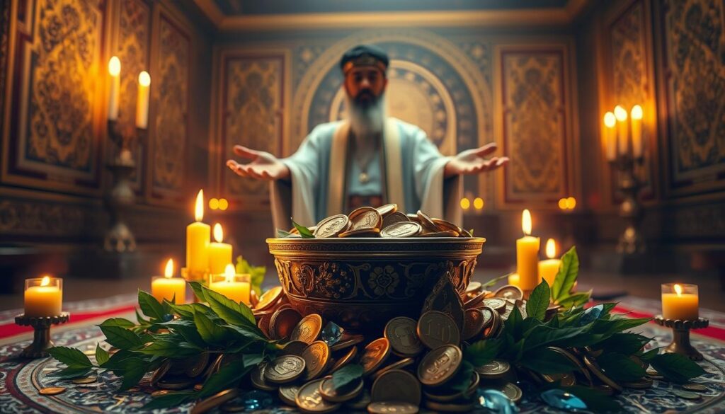 A mystical scene centered on an abundance symbol representing wealth and fortune. In the foreground, a beautifully crafted bowl overflowing with gold coins, vibrant green leaves, and sparkling gemstones, surrounded by glowing candles. In the middle, an elegantly adorned marabout in traditional attire, performing a spiritual ritual with outstretched hands, embodying the essence of prosperity. The background features a softly illuminated sacred space with intricate patterns on the walls, enhancing the spiritual ambiance. Warm, golden lighting casts a divine glow, making the scene inviting and mystical, evoking feelings of hope and possibility. The angle is slightly elevated, capturing the depth, richness, and the ethereal atmosphere of the moment. A mystical scene centered on an abundance symbol representing wealth and fortune. In the foreground, a beautifully crafted bowl overflowing with gold coins, vibrant green leaves, and sparkling gemstones, surrounded by glowing candles. In the middle, an elegantly adorned marabout in traditional attire, performing a spiritual ritual with outstretched hands, embodying the essence of prosperity. The background features a softly illuminated sacred space with intricate patterns on the walls, enhancing the spiritual ambiance. Warm, golden lighting casts a divine glow, making the scene inviting and mystical, evoking feelings of hope and possibility. The angle is slightly elevated, capturing the depth, richness, and the ethereal atmosphere of the moment.