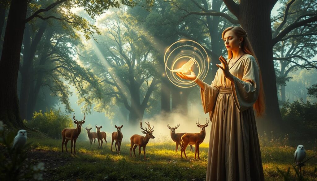 A mystical scene depicting a powerful love spell being cast in a serene forest glade. In the foreground, a wise enchantress in modest, flowing robes stands gracefully, her hands raised to conjure glowing, ethereal light that swirls around her. Adorned with delicate jewelry, her expression reflects deep focus and intent. In the middle ground, enchanted animals, such as deer and owls, gather as if drawn by an unseen force. The background features lush, towering trees with soft, dappled sunlight filtering through, creating a warm, magical ambiance. The atmosphere is enchanting and serene, with a slight mist hovering above the ground, and vibrant colors enhance the feeling of mystery and allure. The composition is captured from a slightly low angle, emphasizing the enchantress's powerful presence. A mystical scene depicting a powerful love spell being cast in a serene forest glade. In the foreground, a wise enchantress in modest, flowing robes stands gracefully, her hands raised to conjure glowing, ethereal light that swirls around her. Adorned with delicate jewelry, her expression reflects deep focus and intent. In the middle ground, enchanted animals, such as deer and owls, gather as if drawn by an unseen force. The background features lush, towering trees with soft, dappled sunlight filtering through, creating a warm, magical ambiance. The atmosphere is enchanting and serene, with a slight mist hovering above the ground, and vibrant colors enhance the feeling of mystery and allure. The composition is captured from a slightly low angle, emphasizing the enchantress's powerful presence.