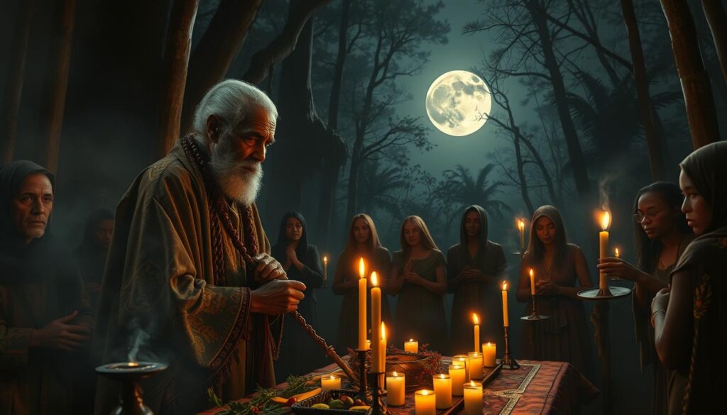 A mystical scene depicting a voodoo ritual led by a Grand Master in an atmospheric setting. In the foreground, the Grand Master, a wise elder dressed in traditional, modest attire with vibrant patterns, is focused on a ceremonial altar adorned with candles, herbs, and symbolic objects. The middle layer includes participants, also dressed respectfully, engaged in the ritual, showcasing expressions of focus and reverence. The background features a dimly lit forest, illuminated by soft, flickering candlelight that casts dancing shadows around the gathering. A full moon glows in the night sky, enhancing the mystical aura. The overall mood is solemn, deep, and connected to ancestral traditions, evoking a sense of spiritual power and unity.