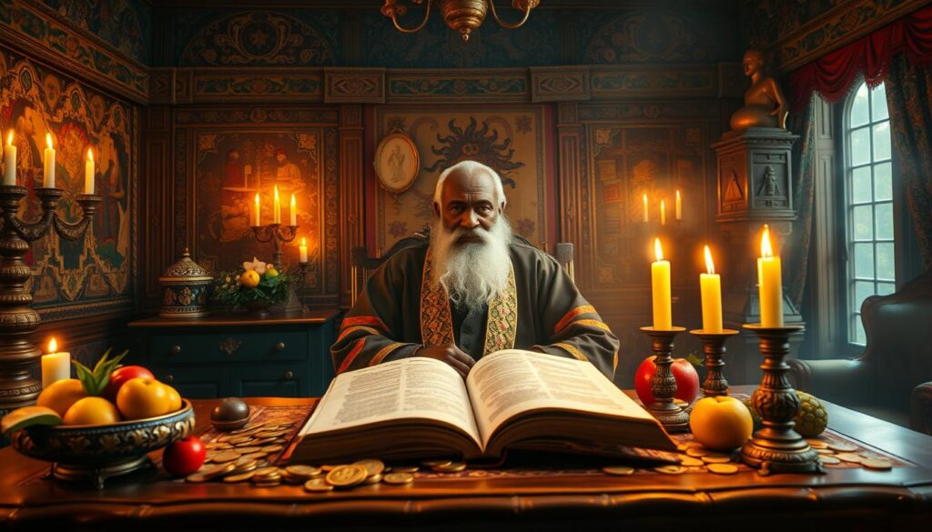 A mystical scene depicting abundance and prosperity, showcasing a wise, dignified Grand Master Luc in a beautifully adorned room filled with rich colors and textures. In the foreground, he sits at an ornate wooden table surrounded by symbols of wealth, such as golden coins and vibrant fruits. The middle ground features an open tome displaying ancient texts, while candles flicker warmly, casting soft, inviting light. In the background, intricate tapestries and traditional African patterns enhance the atmosphere of wisdom and tradition. The room is bathed in a soft, golden glow, evoking a sense of comfort, hope, and manifestation of dreams. The composition should convey a serene yet powerful ambiance, inspiring viewers to envision their own journey towards prosperity. The Grand Master appears in modest, elegant attire, embodying both authority and approachability. A mystical scene depicting abundance and prosperity, showcasing a wise, dignified Grand Master Luc in a beautifully adorned room filled with rich colors and textures. In the foreground, he sits at an ornate wooden table surrounded by symbols of wealth, such as golden coins and vibrant fruits. The middle ground features an open tome displaying ancient texts, while candles flicker warmly, casting soft, inviting light. In the background, intricate tapestries and traditional African patterns enhance the atmosphere of wisdom and tradition. The room is bathed in a soft, golden glow, evoking a sense of comfort, hope, and manifestation of dreams. The composition should convey a serene yet powerful ambiance, inspiring viewers to envision their own journey towards prosperity. The Grand Master appears in modest, elegant attire, embodying both authority and approachability.