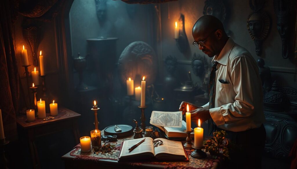 A mystical scene depicting the concept of "retour affectif," set in a dimly lit voodoo shrine filled with candles and vibrant African fabrics. In the foreground, a skilled practitioner, dressed in professional attire, is engaging in a focused ritual, using symbolic objects such as a small altar adorned with charms, herbs, and personal items connected to love and attraction. The middle ground features a table with ancient texts and an open spellbook, while the background reveals shadows of intricate carvings and masks on the wall, casting a warm, enchanting glow. Soft, atmospheric lighting enhances the mood of intimacy and spiritual depth, inviting the viewer into a world of profound emotional connections and cultural mystery.
