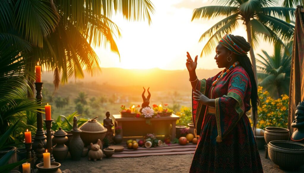 A mystical scene depicting the essence of "retour affectif rapide" through traditional Beninese Vodou rituals. In the foreground, a wise priestess dressed in vibrant, modest traditional attire performs a sacred dance, surrounded by colorful ceremonial items such as candles, woven baskets, and symbolic statues. In the middle, an altar adorned with life-affirming objects like flowers and fruits symbolizes renewal and connection. The background features a lush, tropical landscape under warm, golden light, with the sun setting over a serene village, creating an inviting and spiritual atmosphere. The mood is one of hope and positive energy, showcasing the deep cultural significance and vibrant practices of Vodou. The image should have a soft focus and a warm color palette, evoking a sense of mystery and reverence. A mystical scene depicting the essence of "retour affectif rapide" through traditional Beninese Vodou rituals. In the foreground, a wise priestess dressed in vibrant, modest traditional attire performs a sacred dance, surrounded by colorful ceremonial items such as candles, woven baskets, and symbolic statues. In the middle, an altar adorned with life-affirming objects like flowers and fruits symbolizes renewal and connection. The background features a lush, tropical landscape under warm, golden light, with the sun setting over a serene village, creating an inviting and spiritual atmosphere. The mood is one of hope and positive energy, showcasing the deep cultural significance and vibrant practices of Vodou. The image should have a soft focus and a warm color palette, evoking a sense of mystery and reverence.