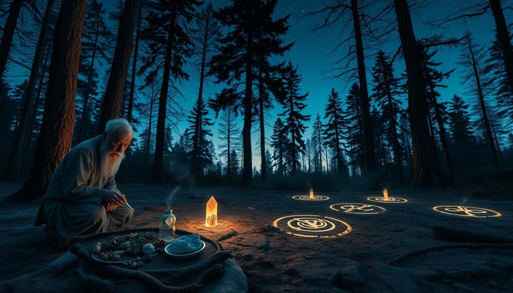 A mystical scene depicting the signs of a spellbinding, focusing on an ancient forest clearing at twilight. In the foreground, a wise elder dressed in modest, traditional attire examines a collection of herbs and crystals, symbolizing the tools used to identify enchantments. The middle ground features faint, glowing symbols etched into the earth, representing various signs of enchantment, with soft wisps of light emanating from them. The background reveals tall, shadowy trees silhouetted against a deepening blue sky scattered with stars, creating an otherworldly atmosphere. The lighting is soft with ethereal glows, casting an enchanting yet subtle mood, implying both reverence and caution. The angle is slightly elevated, capturing a sweeping view of the scene to emphasize the mystery and depth. A mystical scene depicting the signs of a spellbinding, focusing on an ancient forest clearing at twilight. In the foreground, a wise elder dressed in modest, traditional attire examines a collection of herbs and crystals, symbolizing the tools used to identify enchantments. The middle ground features faint, glowing symbols etched into the earth, representing various signs of enchantment, with soft wisps of light emanating from them. The background reveals tall, shadowy trees silhouetted against a deepening blue sky scattered with stars, creating an otherworldly atmosphere. The lighting is soft with ethereal glows, casting an enchanting yet subtle mood, implying both reverence and caution. The angle is slightly elevated, capturing a sweeping view of the scene to emphasize the mystery and depth.