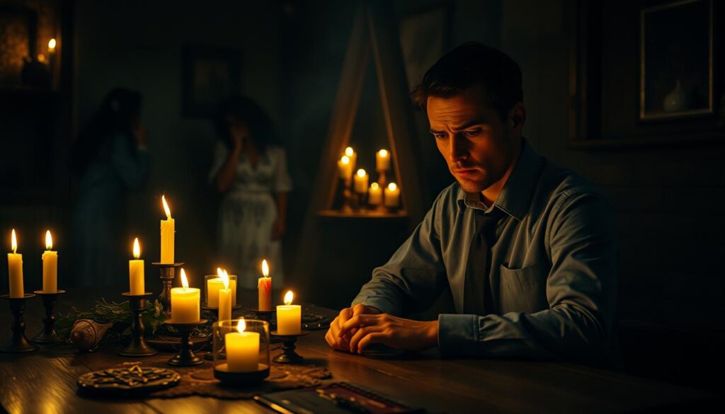 A mystical scene depicting the symptoms of enchantment in a dimly lit, atmospheric setting. In the foreground, a person dressed in modest, professional attire sits at a wooden table, their expression a mix of confusion and introspection, as they touch a mysterious, glowing amulet. In the middle, a scattering of candles flickers, casting warm light and creating a chiaroscuro effect. Surrounding them are subtle hints of voodoo elements, such as symbolic artifacts and herbal arrangements. In the background, shadowy figures can be seen whispering incantations, adding to the enchantment theme. The overall mood is tense yet curious, designed to invoke a sense of intrigue and vulnerability. The lens is set at a slight angle, enhancing the dramatic atmosphere. A mystical scene depicting the symptoms of enchantment in a dimly lit, atmospheric setting. In the foreground, a person dressed in modest, professional attire sits at a wooden table, their expression a mix of confusion and introspection, as they touch a mysterious, glowing amulet. In the middle, a scattering of candles flickers, casting warm light and creating a chiaroscuro effect. Surrounding them are subtle hints of voodoo elements, such as symbolic artifacts and herbal arrangements. In the background, shadowy figures can be seen whispering incantations, adding to the enchantment theme. The overall mood is tense yet curious, designed to invoke a sense of intrigue and vulnerability. The lens is set at a slight angle, enhancing the dramatic atmosphere.