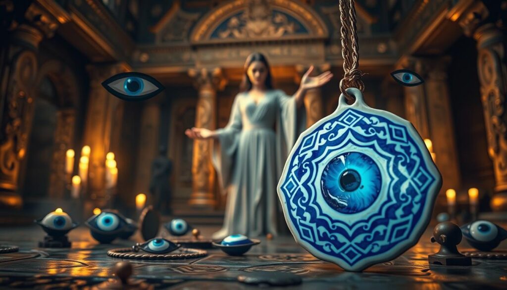 A mystical scene depicting various symbols of the "evil eye" creatively arranged in an ancient, ornate setting. In the foreground, a detailed close-up of a traditional blue and white ceramic talisman, signifying protection from negativity. Surrounding the talisman, subtle images of glowing eyes, ancient runes, and protective amulets create a sense of vigilance. In the middle ground, an ethereal figure, dressed in modest, flowing robes, gently interacts with the symbols, casting a serene but powerful aura. The background features softly blurred elements of an ancient temple, illuminated by warm, golden lighting that conveys a peaceful yet alert atmosphere. The overall mood should evoke a sense of empowerment, spiritual protection, and awareness of negative influences.