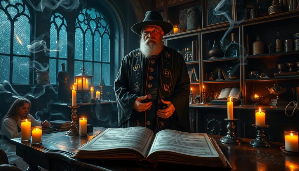 A mystical scene featuring Grand Maître Luc, a wise figure in an elegant robe adorned with intricate symbols, standing in an ancient, dimly-lit study filled with esoteric books and mystical artifacts. In the foreground, an ornate wooden table holds an open spell book with glowing runes and candles casting warm, flickering light. In the middle ground, shelves lined with potions and crystals create a captivating atmosphere, while ethereal wisps of smoke curl around the room, enhancing the sense of magic. The background reveals a large window with a view of a starry night sky, contributing to the enchanting mood. The image should use soft, focused lighting to emphasize the faces and objects, capturing a sense of wonder and empowerment in the practice of love enchantments. A mystical scene featuring Grand Maître Luc, a wise figure in an elegant robe adorned with intricate symbols, standing in an ancient, dimly-lit study filled with esoteric books and mystical artifacts. In the foreground, an ornate wooden table holds an open spell book with glowing runes and candles casting warm, flickering light. In the middle ground, shelves lined with potions and crystals create a captivating atmosphere, while ethereal wisps of smoke curl around the room, enhancing the sense of magic. The background reveals a large window with a view of a starry night sky, contributing to the enchanting mood. The image should use soft, focused lighting to emphasize the faces and objects, capturing a sense of wonder and empowerment in the practice of love enchantments.