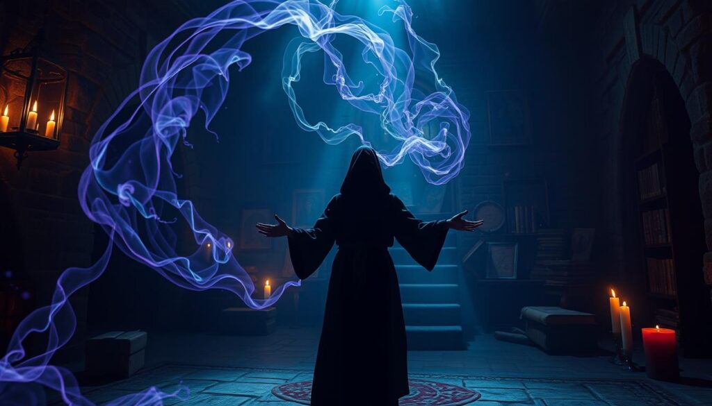 A mystical scene illustrating "invisible influences" in the context of black magic. In the foreground, a shadowy figure, dressed in modest, dark attire, stands with outstretched hands, sensing unseen forces. Their posture conveys both power and vulnerability. The middle ground features swirling, ethereal wisps of energy, symbolizing the invisible influences of black magic, subtly glowing in shades of deep violet and midnight blue. The background reveals an ancient, dimly lit room filled with occult symbols and books, casting intricate shadows against the stone walls. A pale, flickering candle illuminates the scene, creating a tense, mysterious atmosphere. The lighting should create dramatic contrasts that enhance the sense of depth and intrigue, inviting the viewer to explore the hidden mechanisms of dark magic. A mystical scene illustrating "invisible influences" in the context of black magic. In the foreground, a shadowy figure, dressed in modest, dark attire, stands with outstretched hands, sensing unseen forces. Their posture conveys both power and vulnerability. The middle ground features swirling, ethereal wisps of energy, symbolizing the invisible influences of black magic, subtly glowing in shades of deep violet and midnight blue. The background reveals an ancient, dimly lit room filled with occult symbols and books, casting intricate shadows against the stone walls. A pale, flickering candle illuminates the scene, creating a tense, mysterious atmosphere. The lighting should create dramatic contrasts that enhance the sense of depth and intrigue, inviting the viewer to explore the hidden mechanisms of dark magic.