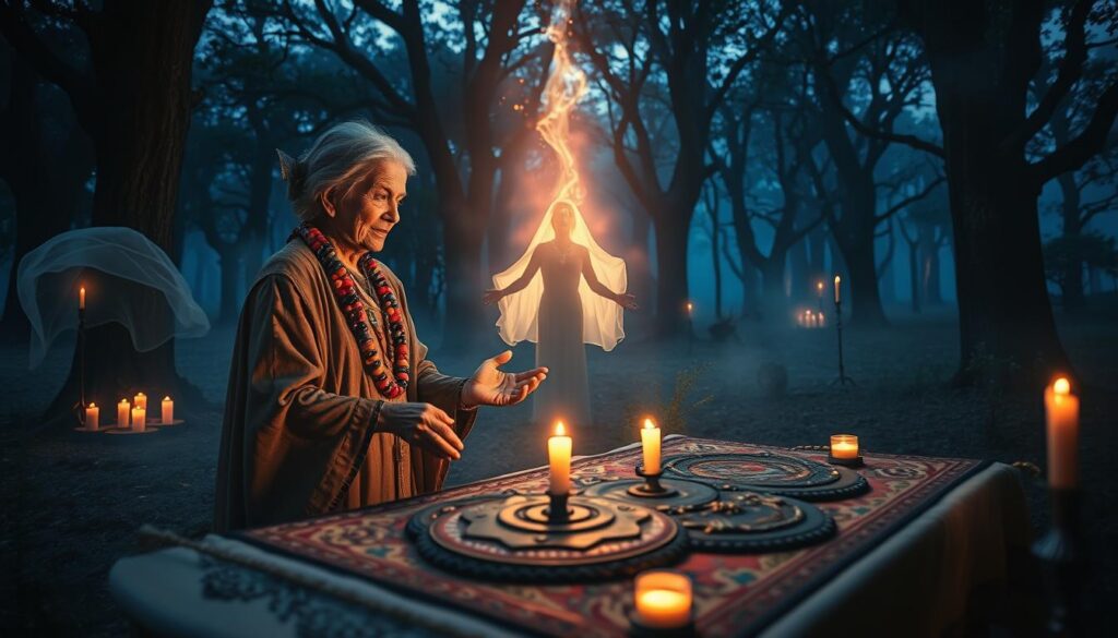 A mystical scene illustrating the concept of "vodoun monde visible invisible." In the foreground, a wise, elderly priestess dressed in elegant traditional attire, adorned with vibrant beads, engages in a ritual, her hands gracefully moving over mystical symbols laid on a beautifully crafted altar. The middle ground reveals shadows of ancestral spirits manifesting ethereal forms, cloaked in flowing, translucent fabrics, intertwining with soft, glowing lights that symbolize the connection between the visible and invisible worlds. The background features an enchanting forest, bathed in twilight hues of deep blue and purple, with flickering candles illuminating ancient trees. Soft, diffused lighting creates an otherworldly atmosphere, evoking a sense of reverence and mystery. A wide-angle perspective captures the sacredness of the ritual space, enhancing the depth of the scene. A mystical scene illustrating the concept of "vodoun monde visible invisible." In the foreground, a wise, elderly priestess dressed in elegant traditional attire, adorned with vibrant beads, engages in a ritual, her hands gracefully moving over mystical symbols laid on a beautifully crafted altar. The middle ground reveals shadows of ancestral spirits manifesting ethereal forms, cloaked in flowing, translucent fabrics, intertwining with soft, glowing lights that symbolize the connection between the visible and invisible worlds. The background features an enchanting forest, bathed in twilight hues of deep blue and purple, with flickering candles illuminating ancient trees. Soft, diffused lighting creates an otherworldly atmosphere, evoking a sense of reverence and mystery. A wide-angle perspective captures the sacredness of the ritual space, enhancing the depth of the scene.