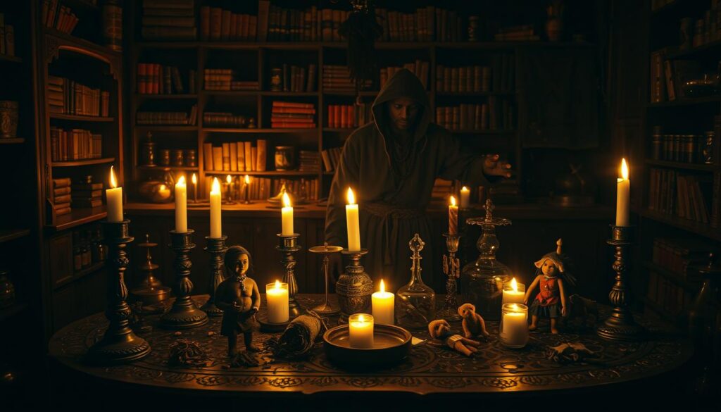 A mystical scene set in a dimly lit room filled with arcane symbols and ritual artifacts. In the foreground, an intricately designed wooden table displays candles casting flickering shadows, illuminating a collection of voodoo dolls and herbal ingredients used in black magic practices. In the middle ground, an outline of a hooded figure performs a solemn ritual, adorned in traditional attire that reflects the rich culture of Beninese voodoo. The background reveals shelves lined with ancient tomes and potions, enhancing the atmosphere of mystery and spiritual depth. The lighting is atmospheric, with deep, warm tones creating a sense of intrigue and reverence for the subject. The overall mood is both somber and enchanting, inviting the viewer to contemplate the nature of black magic and its influences. A mystical scene set in a dimly lit room filled with arcane symbols and ritual artifacts. In the foreground, an intricately designed wooden table displays candles casting flickering shadows, illuminating a collection of voodoo dolls and herbal ingredients used in black magic practices. In the middle ground, an outline of a hooded figure performs a solemn ritual, adorned in traditional attire that reflects the rich culture of Beninese voodoo. The background reveals shelves lined with ancient tomes and potions, enhancing the atmosphere of mystery and spiritual depth. The lighting is atmospheric, with deep, warm tones creating a sense of intrigue and reverence for the subject. The overall mood is both somber and enchanting, inviting the viewer to contemplate the nature of black magic and its influences.