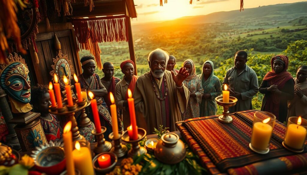 A powerful Vodoun ritual scene featuring Grand Maître Luc, an elderly man with wise eyes and a benevolent expression, dressed in traditional, modest attire. In the foreground, a richly adorned wooden altar is filled with ritual objects like vibrant candles, intricate masks, and colorful woven fabrics. The middle ground reveals Grand Maître Luc making a ceremonial gesture, surrounded by participants in respectful clothing, captivated and engaged in the ritual. The background showcases a lush, green landscape with a gentle sunset casting warm, golden light, creating a serene and mystical atmosphere. The image should evoke a sense of reverence and cultural richness while maintaining a professional tone. The angle is slightly elevated, capturing the ritual's intensity and the intricate details of the altar. A powerful Vodoun ritual scene featuring Grand Maître Luc, an elderly man with wise eyes and a benevolent expression, dressed in traditional, modest attire. In the foreground, a richly adorned wooden altar is filled with ritual objects like vibrant candles, intricate masks, and colorful woven fabrics. The middle ground reveals Grand Maître Luc making a ceremonial gesture, surrounded by participants in respectful clothing, captivated and engaged in the ritual. The background showcases a lush, green landscape with a gentle sunset casting warm, golden light, creating a serene and mystical atmosphere. The image should evoke a sense of reverence and cultural richness while maintaining a professional tone. The angle is slightly elevated, capturing the ritual's intensity and the intricate details of the altar.