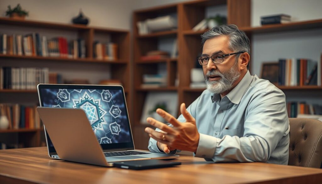 A professional and trustworthy online marabout sitting at a desk, focused and engaged in a video consultation. In the foreground, the marabout, a middle-aged man with a calm demeanor, wearing formal attire, gestures confidently while explaining concepts. In the middle ground, a laptop is open, showing a mystical backdrop with symbols of protection and guidance subtly visible on the screen. The background features soft, warm lighting that enhances the overall inviting atmosphere, with shelves filled with books about spirituality and well-being. The image is captured from a slightly elevated angle to evoke a sense of trust and assurance, promoting the idea of a reliable practitioner. A professional and trustworthy online marabout sitting at a desk, focused and engaged in a video consultation. In the foreground, the marabout, a middle-aged man with a calm demeanor, wearing formal attire, gestures confidently while explaining concepts. In the middle ground, a laptop is open, showing a mystical backdrop with symbols of protection and guidance subtly visible on the screen. The background features soft, warm lighting that enhances the overall inviting atmosphere, with shelves filled with books about spirituality and well-being. The image is captured from a slightly elevated angle to evoke a sense of trust and assurance, promoting the idea of a reliable practitioner.