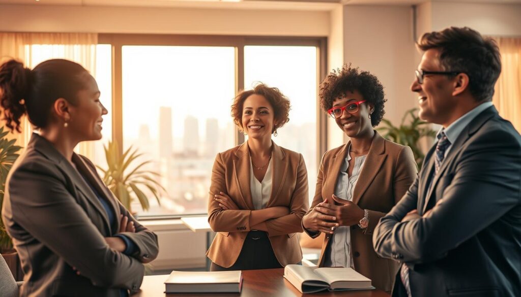 A professional setting depicting the concept of "retour affectif," illustrating emotional reconnection and understanding. In the foreground, a diverse group of three individuals in professional attire, engaged in a heartfelt conversation, with expressions of empathy and openness. In the middle ground, a cozy office space with warm lighting, showcasing soft, natural light filtering through a large window. On a nearby table, a few books about emotional intelligence and communication skills are visible. The background features a serene cityscape visible through the window, symbolizing the outside world. The mood is warm and hopeful, emphasizing connection and insight, with a soft focus effect to enhance the emotional atmosphere. A professional setting depicting the concept of "retour affectif," illustrating emotional reconnection and understanding. In the foreground, a diverse group of three individuals in professional attire, engaged in a heartfelt conversation, with expressions of empathy and openness. In the middle ground, a cozy office space with warm lighting, showcasing soft, natural light filtering through a large window. On a nearby table, a few books about emotional intelligence and communication skills are visible. The background features a serene cityscape visible through the window, symbolizing the outside world. The mood is warm and hopeful, emphasizing connection and insight, with a soft focus effect to enhance the emotional atmosphere.