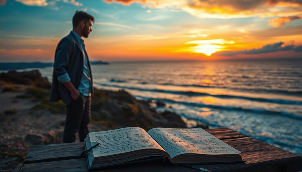 A reflective, pensive individual stands at a scenic overlook during sunset, gazing at the horizon where land meets sea, symbolizing hope and longing. The person, dressed in smart casual attire, exudes a blend of determination and vulnerability. In the foreground, a diary lies open on a rustic wooden bench, filled with written thoughts and sketches of reconnection. In the middle ground, soft waves lap against the shore, creating a calming soundscape. The background features a vibrant sunset sky painted in hues of orange, pink, and purple, casting warm light on the scene. The mood is introspective and hopeful, representing the desire to reclaim lost love while embracing the possibility of a brighter future.