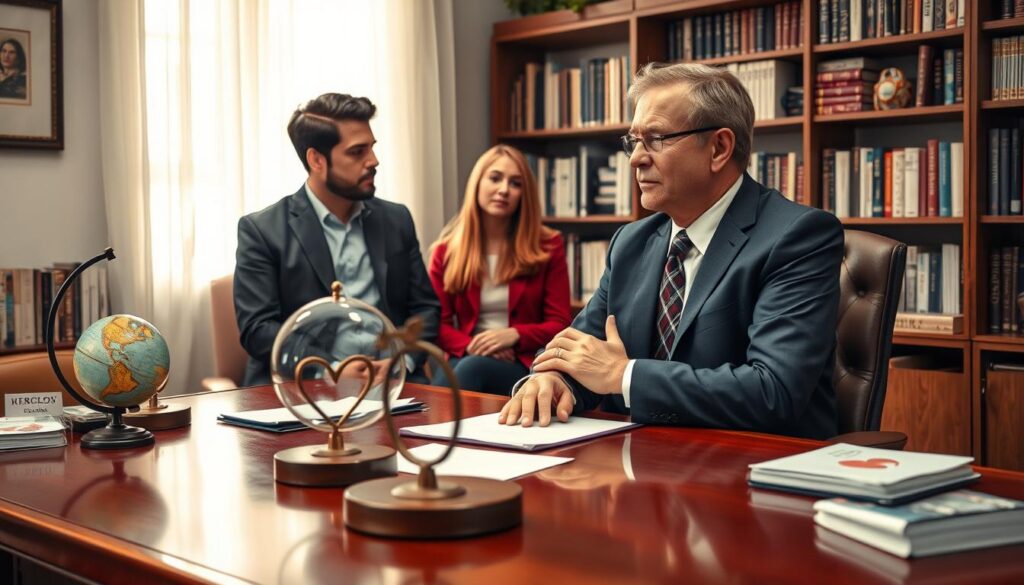 A serene and inviting office setting featuring a wise and charismatic man, Grand Master Luc, in professional business attire, deeply engaged in a heartfelt conversation with a couple seeking emotional guidance. In the foreground, Luc sits at a polished wooden desk, surrounded by meaningful symbols of love and connection, like a small globe and a pair of intertwined hearts. The middle section captures the couple's anxious expressions, showing hope as they look toward Luc for support. Soft, warm lighting bathes the space, creating a comforting atmosphere. In the background, shelves filled with books on relationship advice and personal growth lend depth. The composition should evoke a feeling of trust and assurance, illustrating the emotional safety provided by Grand Master Luc in sentimental matters. A serene and inviting office setting featuring a wise and charismatic man, Grand Master Luc, in professional business attire, deeply engaged in a heartfelt conversation with a couple seeking emotional guidance. In the foreground, Luc sits at a polished wooden desk, surrounded by meaningful symbols of love and connection, like a small globe and a pair of intertwined hearts. The middle section captures the couple's anxious expressions, showing hope as they look toward Luc for support. Soft, warm lighting bathes the space, creating a comforting atmosphere. In the background, shelves filled with books on relationship advice and personal growth lend depth. The composition should evoke a feeling of trust and assurance, illustrating the emotional safety provided by Grand Master Luc in sentimental matters.