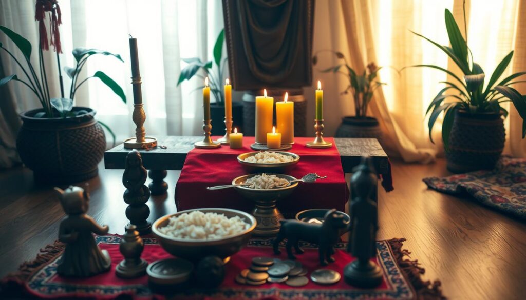 A serene and well-arranged ritual space dedicated to attracting luck and abundance, featuring a small wooden table covered in a vibrant red cloth. On the table, place carefully arranged candles in gold and green hues, alongside small bowls filled with symbolic items like rice, coins, and herbs. In the foreground, a set of delicate, handcrafted voodoo artifacts is displayed, such as statuettes and talismans, reflecting the rich culture of Benin. The background showcases soft, warm lighting, creating an inviting and mystical atmosphere, with plants and decorative fabric adding texture to the scene. The image should be captured from a slightly elevated angle, emphasizing the details of the ritual space, evoking a sense of tranquility and hopeful energy. A serene and well-arranged ritual space dedicated to attracting luck and abundance, featuring a small wooden table covered in a vibrant red cloth. On the table, place carefully arranged candles in gold and green hues, alongside small bowls filled with symbolic items like rice, coins, and herbs. In the foreground, a set of delicate, handcrafted voodoo artifacts is displayed, such as statuettes and talismans, reflecting the rich culture of Benin. The background showcases soft, warm lighting, creating an inviting and mystical atmosphere, with plants and decorative fabric adding texture to the scene. The image should be captured from a slightly elevated angle, emphasizing the details of the ritual space, evoking a sense of tranquility and hopeful energy.