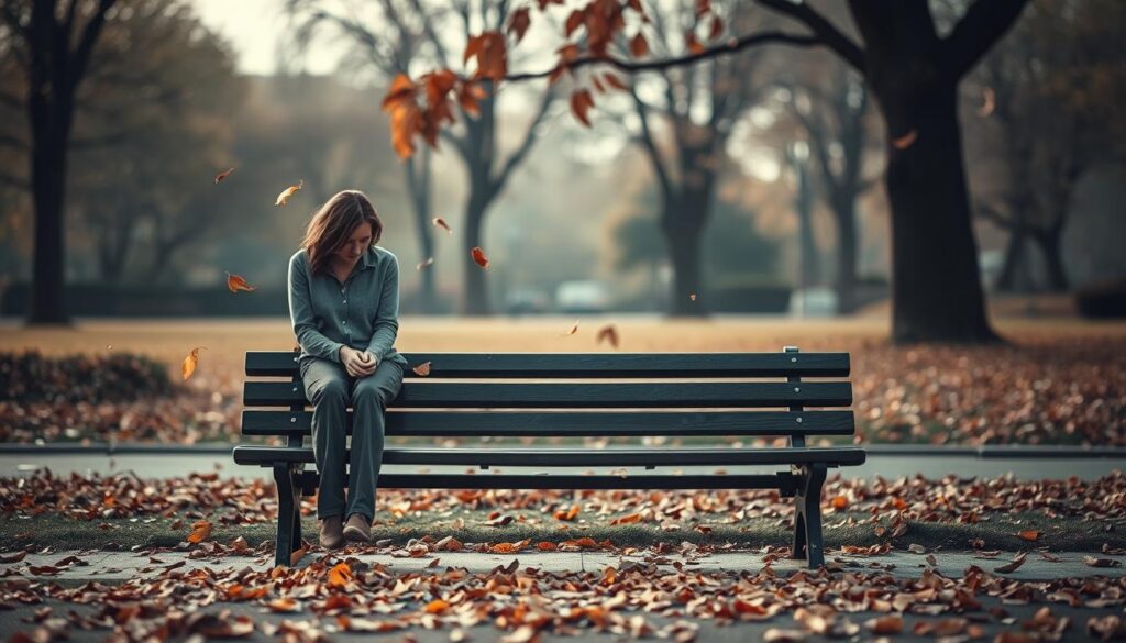 A serene, contemplative scene illustrating the feeling of silence after a breakup. In the foreground, a solitary figure is seated on a park bench, dressed in modest, casual clothing, with downcast eyes, reflecting a sense of sadness and contemplation. In the middle, soft autumn leaves gently fall around, symbolizing change and loss. The background features a blurred view of a tranquil park, with muted colors and diffused sunlight filtering through the trees, creating a warm, yet melancholic atmosphere. Use a shallow depth of field to emphasize the figure while softly blurring the background, enhancing the emotional depth of the moment. The overall mood should evoke introspection and quietude, encapsulating the essence of silence after a breakup. A serene, contemplative scene illustrating the feeling of silence after a breakup. In the foreground, a solitary figure is seated on a park bench, dressed in modest, casual clothing, with downcast eyes, reflecting a sense of sadness and contemplation. In the middle, soft autumn leaves gently fall around, symbolizing change and loss. The background features a blurred view of a tranquil park, with muted colors and diffused sunlight filtering through the trees, creating a warm, yet melancholic atmosphere. Use a shallow depth of field to emphasize the figure while softly blurring the background, enhancing the emotional depth of the moment. The overall mood should evoke introspection and quietude, encapsulating the essence of silence after a breakup.