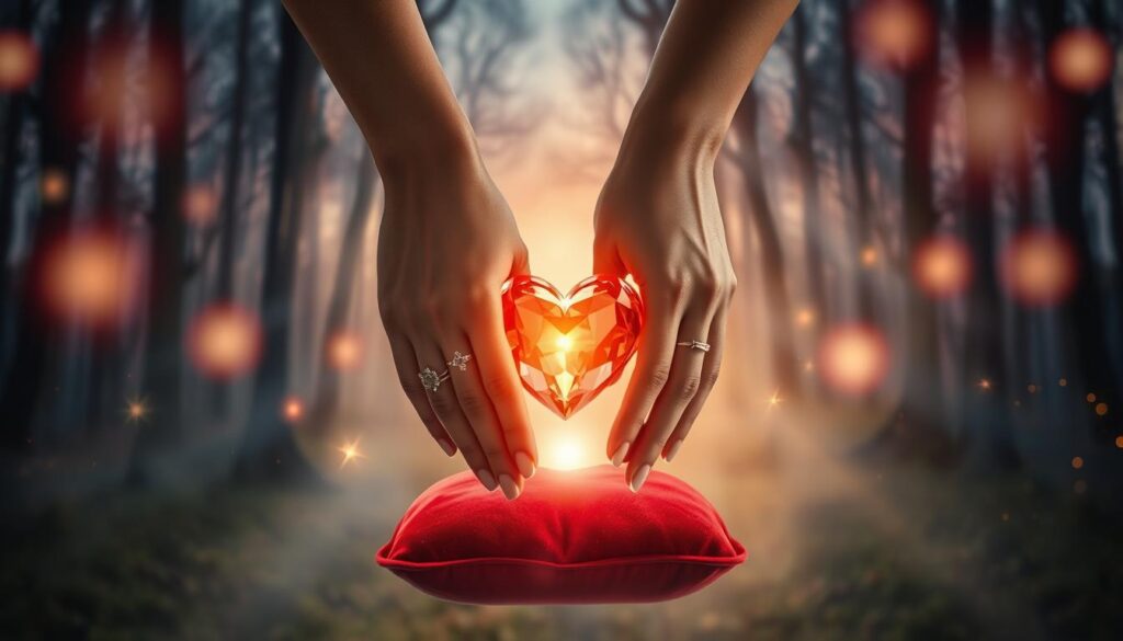 A serene, enchanting scene depicting the concept of "magie amour." In the foreground, a pair of intertwined hands adorned with delicate rings, surrounded by glowing orbs of light that symbolize love and connection. The middle layer features a softly illuminated heart-shaped crystal on a velvet cushion, radiating warm colors of red and gold. In the background, a mystical forest setting bathed in twilight, with ethereal twinkling stars and gently swirling mist. Soft, diffused lighting creates a dreamlike atmosphere, enhancing the sense of romance and enchantment. The image should be captured from a slightly elevated angle, focusing on the hands and the heart, evoking feelings of warmth and deep emotional bonds. A serene, enchanting scene depicting the concept of "magie amour." In the foreground, a pair of intertwined hands adorned with delicate rings, surrounded by glowing orbs of light that symbolize love and connection. The middle layer features a softly illuminated heart-shaped crystal on a velvet cushion, radiating warm colors of red and gold. In the background, a mystical forest setting bathed in twilight, with ethereal twinkling stars and gently swirling mist. Soft, diffused lighting creates a dreamlike atmosphere, enhancing the sense of romance and enchantment. The image should be captured from a slightly elevated angle, focusing on the hands and the heart, evoking feelings of warmth and deep emotional bonds.