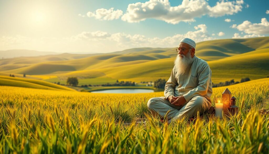 A serene landscape symbolizing spiritual abundance, featuring a lush green field filled with golden wheat swaying in a gentle breeze. In the foreground, a wise, elderly marabout in modest casual clothing sits cross-legged, surrounded by vibrant crystals and candles, radiating a warm glow. In the middle ground, a shimmering pond reflects the sky, enhancing the sense of peace and prosperity. The background showcases rolling hills under a bright blue sky, with soft, fluffy clouds drifting by, inviting feelings of hope and possibility. The lighting is soft and golden, reminiscent of a late afternoon sun, creating an uplifting atmosphere. Capture the essence of tranquility and potential for fortune as a window into the spirit of abundance. A serene landscape symbolizing spiritual abundance, featuring a lush green field filled with golden wheat swaying in a gentle breeze. In the foreground, a wise, elderly marabout in modest casual clothing sits cross-legged, surrounded by vibrant crystals and candles, radiating a warm glow. In the middle ground, a shimmering pond reflects the sky, enhancing the sense of peace and prosperity. The background showcases rolling hills under a bright blue sky, with soft, fluffy clouds drifting by, inviting feelings of hope and possibility. The lighting is soft and golden, reminiscent of a late afternoon sun, creating an uplifting atmosphere. Capture the essence of tranquility and potential for fortune as a window into the spirit of abundance.