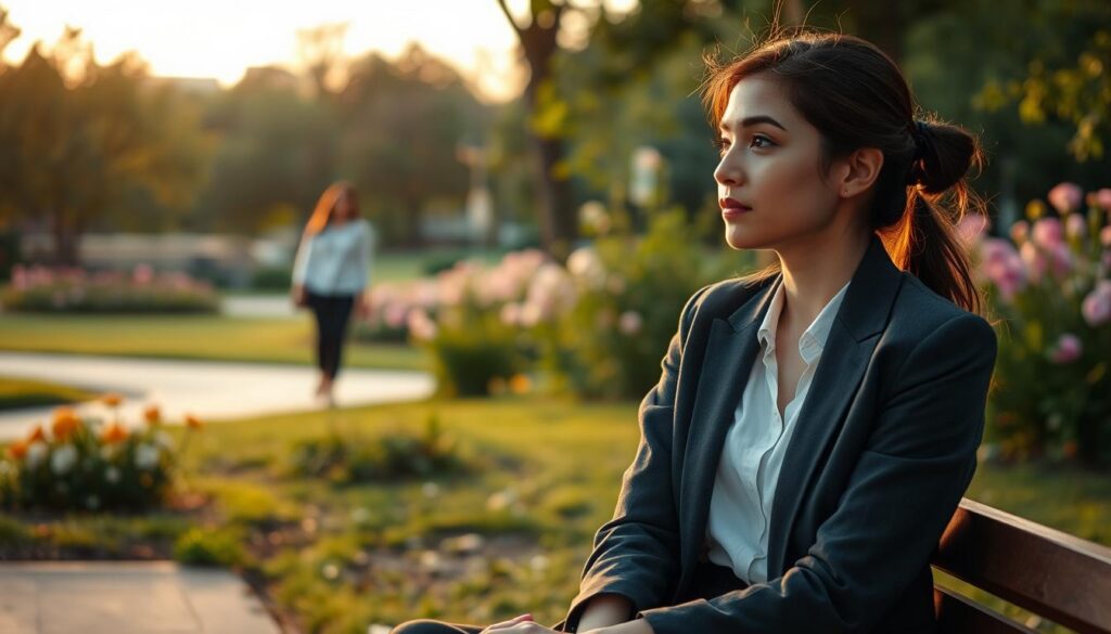 A serene park setting during golden hour, capturing a moment of personal reflection. In the foreground, a young woman in modest, professional attire sits on a bench, looking thoughtfully at a couple walking hand-in-hand in the middle ground, symbolizing conflicting emotions of love and loss. The background features soft greenery and blooming flowers, adding to the sense of renewal and hope. The lighting is warm and inviting, casting soft shadows that enhance the mood of introspection. The angle is slightly elevated, providing a clear view of the woman’s contemplative expression while still capturing the couple in the distance, evoking feelings of longing and the complexities of romantic reconquest. A serene park setting during golden hour, capturing a moment of personal reflection. In the foreground, a young woman in modest, professional attire sits on a bench, looking thoughtfully at a couple walking hand-in-hand in the middle ground, symbolizing conflicting emotions of love and loss. The background features soft greenery and blooming flowers, adding to the sense of renewal and hope. The lighting is warm and inviting, casting soft shadows that enhance the mood of introspection. The angle is slightly elevated, providing a clear view of the woman’s contemplative expression while still capturing the couple in the distance, evoking feelings of longing and the complexities of romantic reconquest.