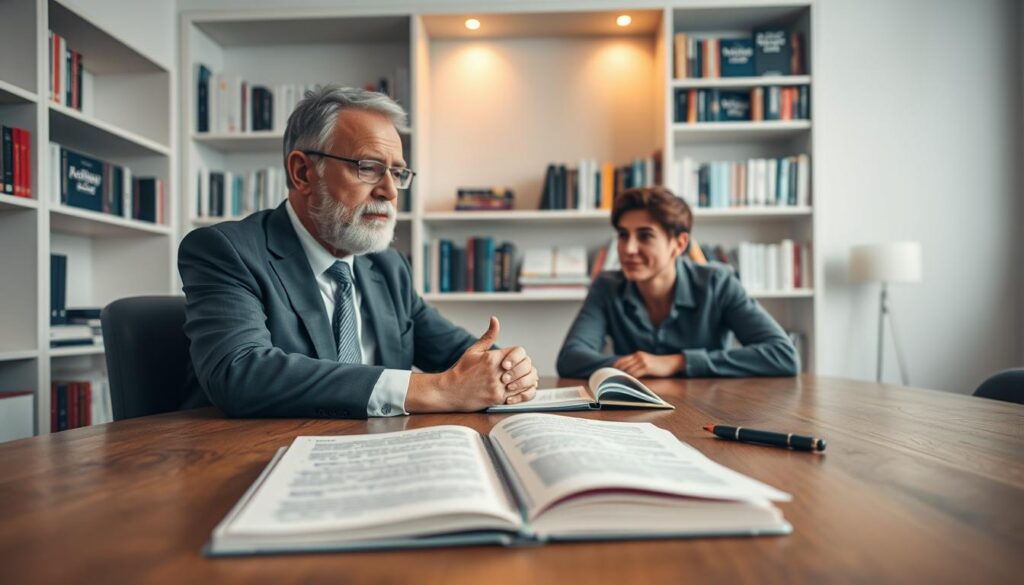 A serene, professional setting depicting Grand Maître Luc, a wise, middle-aged mentor figure, seated at a large wooden table. He is dressed in smart business attire, exuding confidence and authority. In the foreground, an open notebook with detailed notes and a pen rests on the table, symbolizing analysis and reflection. In the middle, Grand Maître Luc engages thoughtfully with a young adult, who appears curious and eager to learn, dressed in modest casual clothing. The background features shelves filled with books on relationships and psychology, with soft, warm lighting casting a comforting glow, enhancing the mood of wisdom and guidance. The image should evoke a sense of calm and empowerment, focusing on constructive dialogue and support in relationship analysis. A serene, professional setting depicting Grand Maître Luc, a wise, middle-aged mentor figure, seated at a large wooden table. He is dressed in smart business attire, exuding confidence and authority. In the foreground, an open notebook with detailed notes and a pen rests on the table, symbolizing analysis and reflection. In the middle, Grand Maître Luc engages thoughtfully with a young adult, who appears curious and eager to learn, dressed in modest casual clothing. The background features shelves filled with books on relationships and psychology, with soft, warm lighting casting a comforting glow, enhancing the mood of wisdom and guidance. The image should evoke a sense of calm and empowerment, focusing on constructive dialogue and support in relationship analysis.