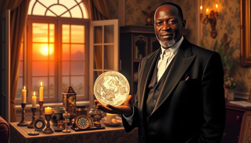 A serene scene depicting Grand Master Luc, a wise and dignified marabout from Benin, standing in an elegant, warmly lit room adorned with cultural artifacts and symbols of prosperity. In the foreground, Luc is dressed in sophisticated, modest business attire, holding a crystal orb that glows softly, symbolizing the attraction of luck and wealth. The middle ground features an intricately designed altar with candles, herbs, and money charms, all illuminated by flickering candlelight. In the background, softly blurred, is a window revealing a vibrant sunset, casting a golden glow that enhances the atmosphere of hope and abundance. The mood is mystical yet inviting, evoking a sense of trust and warmth, perfect for those seeking guidance in attracting luck and financial success. A serene scene depicting Grand Master Luc, a wise and dignified marabout from Benin, standing in an elegant, warmly lit room adorned with cultural artifacts and symbols of prosperity. In the foreground, Luc is dressed in sophisticated, modest business attire, holding a crystal orb that glows softly, symbolizing the attraction of luck and wealth. The middle ground features an intricately designed altar with candles, herbs, and money charms, all illuminated by flickering candlelight. In the background, softly blurred, is a window revealing a vibrant sunset, casting a golden glow that enhances the atmosphere of hope and abundance. The mood is mystical yet inviting, evoking a sense of trust and warmth, perfect for those seeking guidance in attracting luck and financial success.