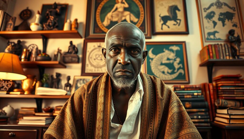 A serious African marabout sitting in a well-decorated, traditional office, adorned with cultural artifacts and books on spirituality. In the foreground, the marabout, a middle-aged man, wears a crisp, white garment and a patterned shawl, projecting an air of wisdom and authority. His expression is contemplative, with piercing eyes that reflect experience. In the middle ground, shelves filled with spiritual tools, herbs, and ancient texts create a sense of depth and knowledge. The background features symbolic artwork related to African spirituality, while soft, warm lighting enhances the intimate atmosphere. The angle is slightly elevated, emphasizing the marabout's stature and expertise. The mood is serious yet respectful, inviting the viewer to engage with the subject. A serious African marabout sitting in a well-decorated, traditional office, adorned with cultural artifacts and books on spirituality. In the foreground, the marabout, a middle-aged man, wears a crisp, white garment and a patterned shawl, projecting an air of wisdom and authority. His expression is contemplative, with piercing eyes that reflect experience. In the middle ground, shelves filled with spiritual tools, herbs, and ancient texts create a sense of depth and knowledge. The background features symbolic artwork related to African spirituality, while soft, warm lighting enhances the intimate atmosphere. The angle is slightly elevated, emphasizing the marabout's stature and expertise. The mood is serious yet respectful, inviting the viewer to engage with the subject.