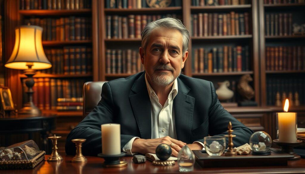 A serious marabout, depicted as a middle-aged man with a wise expression, sitting in an elegant office setting. He is wearing a tailored dark suit and a crisp white shirt, looking confident and professional. In the foreground, a polished wooden desk filled with mystical items and symbols, such as candles and crystals, adds intrigue. In the middle background, a bookshelf lined with esoteric books and artifacts enhances the scholarly atmosphere. The lighting is warm, emanating from a vintage lamp, casting soft shadows that create a cozy yet serious mood. The angle is slightly elevated to capture both the marabout and his environment, emphasizing an aura of wisdom and authority. The overall tone is respectful and empowering, inviting viewers to consider the importance of choosing a serious marabout. A serious marabout, depicted as a middle-aged man with a wise expression, sitting in an elegant office setting. He is wearing a tailored dark suit and a crisp white shirt, looking confident and professional. In the foreground, a polished wooden desk filled with mystical items and symbols, such as candles and crystals, adds intrigue. In the middle background, a bookshelf lined with esoteric books and artifacts enhances the scholarly atmosphere. The lighting is warm, emanating from a vintage lamp, casting soft shadows that create a cozy yet serious mood. The angle is slightly elevated to capture both the marabout and his environment, emphasizing an aura of wisdom and authority. The overall tone is respectful and empowering, inviting viewers to consider the importance of choosing a serious marabout.