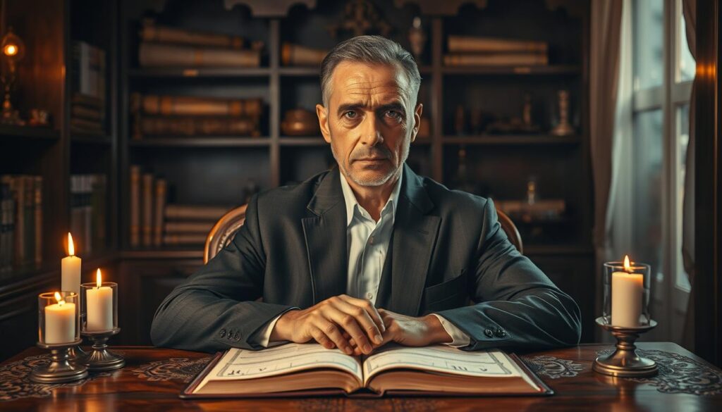 A serious marabout seated at an ornate wooden table in a cozy, warmly lit room. The marabout, a middle-aged man with a wise expression, wears a neatly tailored dark suit, highlighting professionalism. His hands rest on an open book filled with mystical symbols, surrounded by candles and crystals that emit a soft glow. In the background, shelves lined with scrolls and artifacts indicate a rich tradition of knowledge. The atmosphere is contemplative and inviting, with a subtle, warm light creating shadows that add depth to the scene. The focus is on the marabout's intense gaze, exuding confidence and trustworthiness. The image should be captured from a slightly elevated angle, emphasizing the marabout's presence and the mystical ambiance of his surroundings. A serious marabout seated at an ornate wooden table in a cozy, warmly lit room. The marabout, a middle-aged man with a wise expression, wears a neatly tailored dark suit, highlighting professionalism. His hands rest on an open book filled with mystical symbols, surrounded by candles and crystals that emit a soft glow. In the background, shelves lined with scrolls and artifacts indicate a rich tradition of knowledge. The atmosphere is contemplative and inviting, with a subtle, warm light creating shadows that add depth to the scene. The focus is on the marabout's intense gaze, exuding confidence and trustworthiness. The image should be captured from a slightly elevated angle, emphasizing the marabout's presence and the mystical ambiance of his surroundings.