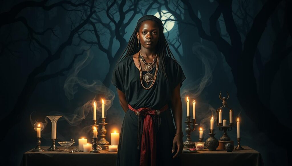 A shadowy, mystical scene depicting the essence of "magie noire." In the foreground, a skilled practitioner of traditional voodoo stands confidently, wearing modest, culturally-inspired attire. Around them, intricate rituals unfold—a ceremonial altar adorned with candles, luminous crystals, and delicate charms, casting an ethereal glow. The middle layer portrays swirling dark mist and spectral forms, hinting at the supernatural forces at play. In the background, an ancient forest looms, dense with twisted trees and faintly illuminated by moonlight, creating an atmosphere charged with mystery and enchantment. The lighting is soft yet dramatic, emphasizing the practitioner’s focused expression. Capture a mood that is both solemn and contemplative, inviting the viewer to explore the deeper meanings of black magic and the quest for liberation. A shadowy, mystical scene depicting the essence of "magie noire." In the foreground, a skilled practitioner of traditional voodoo stands confidently, wearing modest, culturally-inspired attire. Around them, intricate rituals unfold—a ceremonial altar adorned with candles, luminous crystals, and delicate charms, casting an ethereal glow. The middle layer portrays swirling dark mist and spectral forms, hinting at the supernatural forces at play. In the background, an ancient forest looms, dense with twisted trees and faintly illuminated by moonlight, creating an atmosphere charged with mystery and enchantment. The lighting is soft yet dramatic, emphasizing the practitioner’s focused expression. Capture a mood that is both solemn and contemplative, inviting the viewer to explore the deeper meanings of black magic and the quest for liberation.