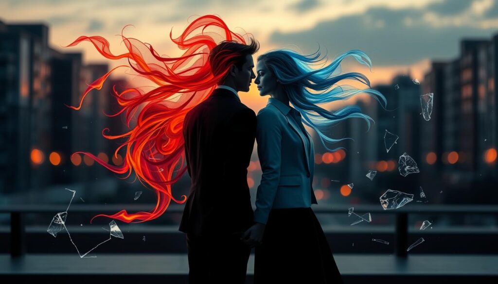 A symbolic representation of "dynamique rupture" featuring two abstract figures representing a couple, facing away from each other, each surrounded by swirling, contrasting energy waves—one warm and vibrant, the other cool and subdued. In the foreground, the figures are depicted in professional attire, embodying a sense of tension and separation. The middle ground showcases fragmented elements like shattered glass and fading memories, symbolizing emotional turmoil. The background is a blurred urban setting at dusk, with soft, ambient lighting casting a reflective glow on the scene. The overall mood is contemplative and melancholic, with a hint of hope for reconciliation, enhancing the theme of understanding the dynamics of separation. A symbolic representation of "dynamique rupture" featuring two abstract figures representing a couple, facing away from each other, each surrounded by swirling, contrasting energy waves—one warm and vibrant, the other cool and subdued. In the foreground, the figures are depicted in professional attire, embodying a sense of tension and separation. The middle ground showcases fragmented elements like shattered glass and fading memories, symbolizing emotional turmoil. The background is a blurred urban setting at dusk, with soft, ambient lighting casting a reflective glow on the scene. The overall mood is contemplative and melancholic, with a hint of hope for reconciliation, enhancing the theme of understanding the dynamics of separation.