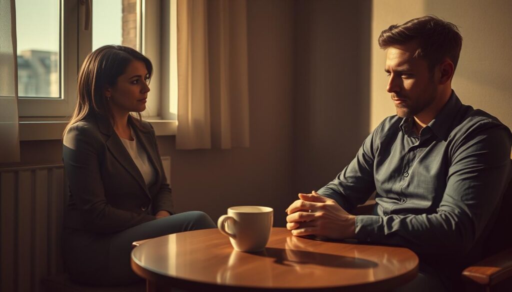 A tense scenario of a couple, sitting at a small coffee table in a dimly lit room, reflecting their emotional distance. The woman, dressed in a modest business attire, gazes out of a nearby window, while the man, in smart casual clothing, looks down at his hands, overwhelmed with concern. In the background, soft shadows play across the walls, hinting at an atmosphere of uncertainty. A single cup of coffee, cold and untouched, sits between them, symbolizing their disconnect. The lighting is warm yet subdued, casting a somber glow that captures the gravity of their situation. The composition is framed with a shallow depth of field, emphasizing the couple's expressions and creating an intimate yet melancholic mood. A tense scenario of a couple, sitting at a small coffee table in a dimly lit room, reflecting their emotional distance. The woman, dressed in a modest business attire, gazes out of a nearby window, while the man, in smart casual clothing, looks down at his hands, overwhelmed with concern. In the background, soft shadows play across the walls, hinting at an atmosphere of uncertainty. A single cup of coffee, cold and untouched, sits between them, symbolizing their disconnect. The lighting is warm yet subdued, casting a somber glow that captures the gravity of their situation. The composition is framed with a shallow depth of field, emphasizing the couple's expressions and creating an intimate yet melancholic mood.