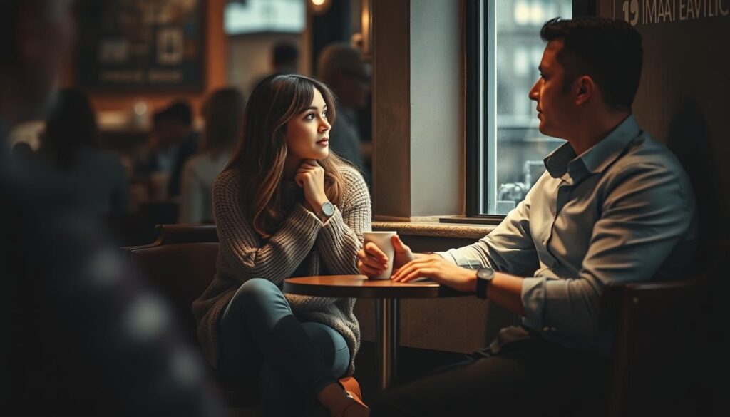 A thoughtful couple sitting together at a small café table, engaged in a heartfelt conversation. The woman, wearing a cozy sweater and jeans, looks intently at her partner, who is dressed in a smart casual shirt and trousers. Their body language suggests openness and vulnerability as they share their thoughts about their relationship. Soft, warm lighting filters through a nearby window, casting gentle shadows that enhance the intimate atmosphere. In the background, blurred outlines of other patrons create a lively yet unobtrusive setting, emphasizing the couple's focus on each other. The overall mood is one of reflection and connection, conveying the importance of analyzing their current relationship situation. The angle is slightly above eye level, capturing both their emotions and the cozy environment around them. A thoughtful couple sitting together at a small café table, engaged in a heartfelt conversation. The woman, wearing a cozy sweater and jeans, looks intently at her partner, who is dressed in a smart casual shirt and trousers. Their body language suggests openness and vulnerability as they share their thoughts about their relationship. Soft, warm lighting filters through a nearby window, casting gentle shadows that enhance the intimate atmosphere. In the background, blurred outlines of other patrons create a lively yet unobtrusive setting, emphasizing the couple's focus on each other. The overall mood is one of reflection and connection, conveying the importance of analyzing their current relationship situation. The angle is slightly above eye level, capturing both their emotions and the cozy environment around them.