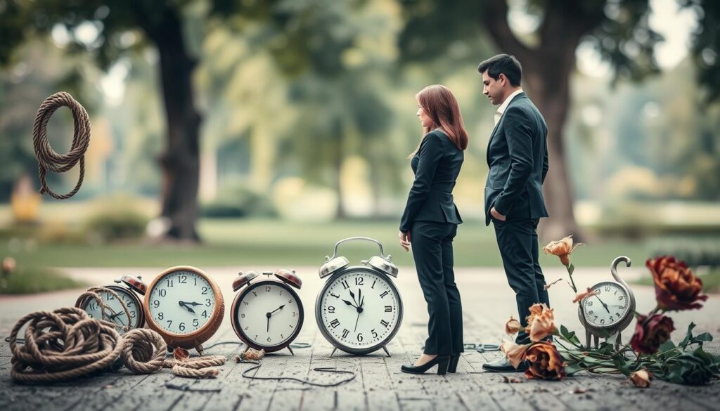 A thoughtfully arranged scene illustrating the deep-rooted causes of breakups. In the foreground, a couple stands facing away from each other, their body language tense and disconnected, dressed in professional business attire. In the middle ground, we see symbolic representations of common issues causing relationships to falter: tangled ropes, broken clocks, and wilted flowers, each placed strategically to emphasize emotional disconnect. The background features a peaceful, blurred park setting, suggesting a contrast between inner turmoil and the outside world. Soft, diffused lighting creates a contemplative atmosphere, highlighting the couple while casting gentle shadows. The overall mood is introspective, inviting viewers to reflect on the complexities of relationships.