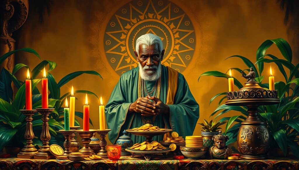 A vibrant and intricate depiction of Beninese Vodou symbolizing prosperity. In the foreground, an ornate altar adorned with colorful candles, gold coins, and traditional Vodou symbols, surrounded by lush green plants. The middle ground features a wise, elderly Vodou priest in modest traditional attire, performing a ritual, with a look of concentration on his face. The background is filled with abstract patterns representing spiritual energy, illuminated by soft, warm golden light that creates an inviting atmosphere. The scene is captured from a slightly elevated angle, enhancing the sense of depth and focus on the ritual. Overall, the image conveys a mystical and serene mood, reflecting the power of Vodou in attracting wealth and prosperity. A vibrant and intricate depiction of Beninese Vodou symbolizing prosperity. In the foreground, an ornate altar adorned with colorful candles, gold coins, and traditional Vodou symbols, surrounded by lush green plants. The middle ground features a wise, elderly Vodou priest in modest traditional attire, performing a ritual, with a look of concentration on his face. The background is filled with abstract patterns representing spiritual energy, illuminated by soft, warm golden light that creates an inviting atmosphere. The scene is captured from a slightly elevated angle, enhancing the sense of depth and focus on the ritual. Overall, the image conveys a mystical and serene mood, reflecting the power of Vodou in attracting wealth and prosperity.