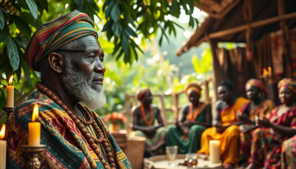 A vibrant scene depicting the essence of Beninese Vodou philosophy. In the foreground, a wise elder adorned in traditional attire, embodying the spirit of Vodou, thoughtfully gazes into the distance. The elder is surrounded by symbolic objects such as candles, ritual artifacts, and a colorful array of fabrics that represent the various spirits, known as "Loas." In the middle ground, we see community members engaged in a ritual, their expressions evocative of deep emotional connection and reverence. The background features lush greenery, traditional wooden structures, and soft, natural light filtering through the leaves, creating a serene and mystical atmosphere. The overall mood is contemplative and spiritual, inviting viewers to reflect on the profound philosophical aspects of Vodou. A vibrant scene depicting the essence of Beninese Vodou philosophy. In the foreground, a wise elder adorned in traditional attire, embodying the spirit of Vodou, thoughtfully gazes into the distance. The elder is surrounded by symbolic objects such as candles, ritual artifacts, and a colorful array of fabrics that represent the various spirits, known as "Loas." In the middle ground, we see community members engaged in a ritual, their expressions evocative of deep emotional connection and reverence. The background features lush greenery, traditional wooden structures, and soft, natural light filtering through the leaves, creating a serene and mystical atmosphere. The overall mood is contemplative and spiritual, inviting viewers to reflect on the profound philosophical aspects of Vodou.